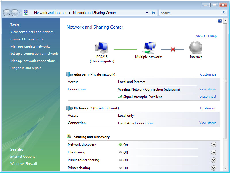 Windows Vista Network Sharing Centre