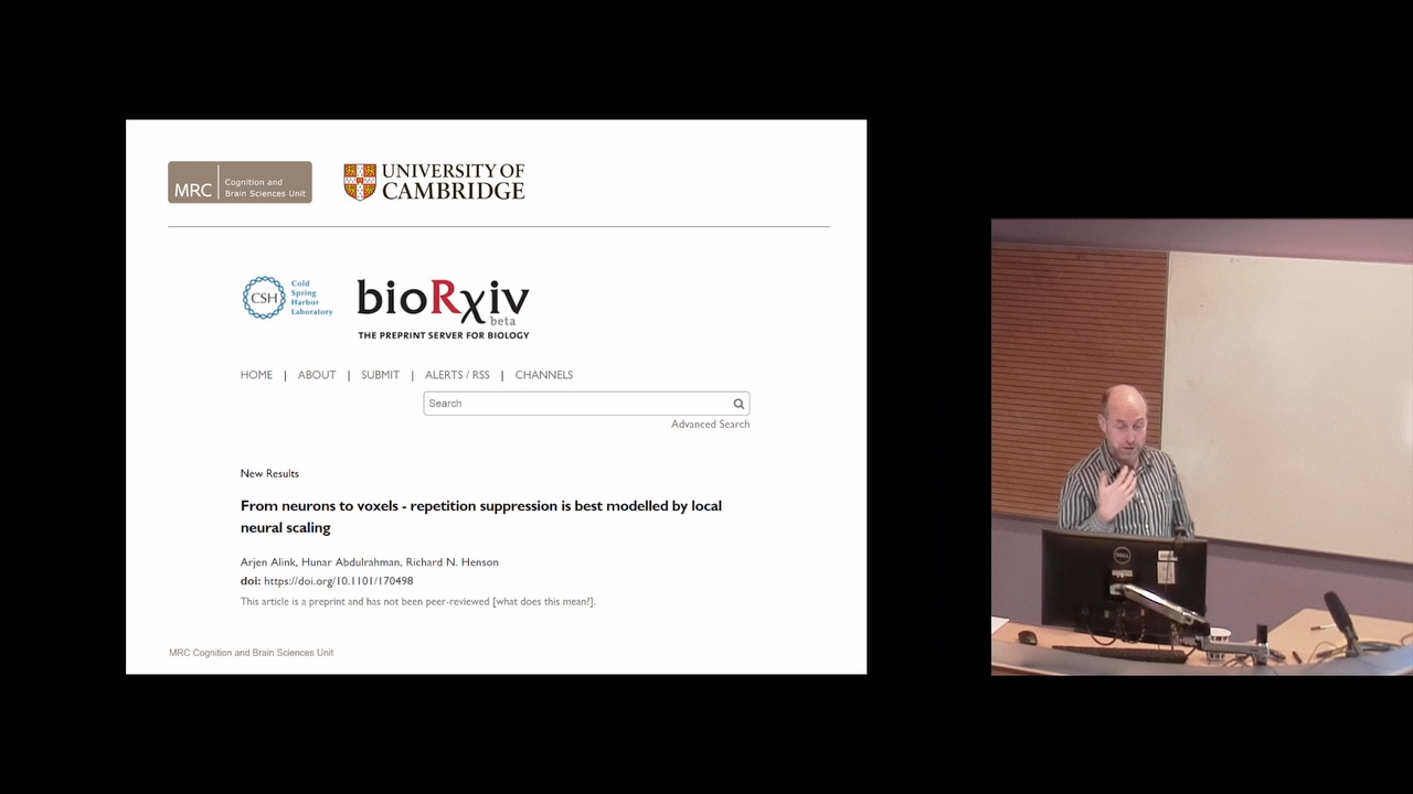 Neural modelling of fMRI repetition effects - Rik Henson MRC Cognition and Brain Sciences Unit;Validation of the canonical hemodynamic response function and of pre-whitening techniques - Wiktor Olszowy Wolfson Brain Imaging Centre & Centre For Mathematical Sciences;A Bayesian log-Gaussian Cox process model for fMRI meta-regression - Pantelis Samartsidis MRC Biostatistics Unit;Applications of high-res fMRI at 3T - Becky Lawson UCL & Dept. of Psychology;Automatic segmentation of brain lesions with neural networks - Konstantinos Kamnitsas Biomedical Image Analysis Group, Imperial College London and Microsoft Research, Cambridge;Preliminary Analysis of ultra-high resolution 7T fMRI data - Huang Pei MRC Cognition and Brain Sciences Unit;Imaging metabolism in vivo using 7 Tesla MRI - Chris Rodgers Wolfson Brain Imaging Centre;Visualising representational dynamics - Marieke Mur MRC Cognition and Brain Sciences Unit;An introduction to neural networks for cognitive neuroscience - Courtney Spoerer MRC Cognition and Brai;The dynamics of perceptual to conceptual representations revealed with oscillatory RSA - Alex Clarke Dept. of Psychology;Generalized Linear Mixed Models - Delia Fuhrmann MRC Cognition and Brain Sciences Unit;Structural Equation Modelling Trees - Rogier Kievit MRC Cognition and Brain Sciences Unit;Tools for online data collection - Becky Gilbert MRC Cognition and Brain Sciences Unit;Using RMarkdown to create scientific manuscripts - Alex Quent MRC Cognition and Brain Sciences Unit;Combining eye-tracking with EEG/MEG - Single-trial analysis of EEG/MEG data - Olaf Hauk MRC Cognition and Brain Sciences Unit;Estimating the relative signal and noise content of ICA components in M/EEG - Tim Kietzmann MRC Cognition and Brain Sciences Unit;Cognitive, EEG and EMG effects of motor cortex tDCS during REM sleep - Valdas Noreika Dept. of Psychology;Mother-Infant hyperscanning: from EEG - Lorena Santamaria-Covarrubias Dept. of Psychology